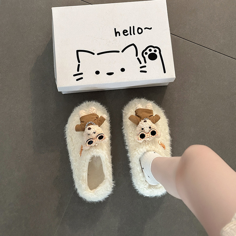 日本OFFCAT韩版可爱卡通小熊居家毛毛拖鞋2025新网红秋冬纯色毛拖