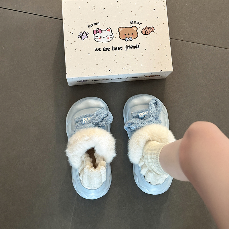 日本OFFCAT可爱卡通云朵感松糕厚底毛毛棉鞋女2025冬季新款居家外