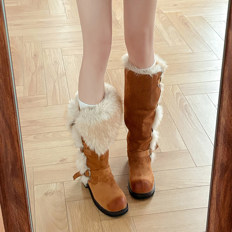 日本OFFCAT毛绒雪地靴女加厚保暖皮带扣短筒靴子2025冬季新款绒面