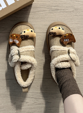 日本OFFCAT绒面厚底可爱卡通毛绒棉鞋女2025冬季加绒加厚保暖防滑