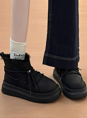 日本OFFCAT平底雪地靴女2025秋冬新款加绒系带勃肯短靴毛毛棉靴软