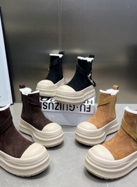 日本OFFCAT2025新款磨砂真皮羊毛口厚底松糕加绒棉鞋马丁靴套筒增