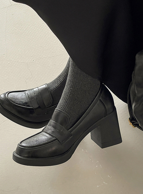 日本OFFCAT英伦风老钱风乐福鞋女2025粗跟高跟单鞋小个子增高质感