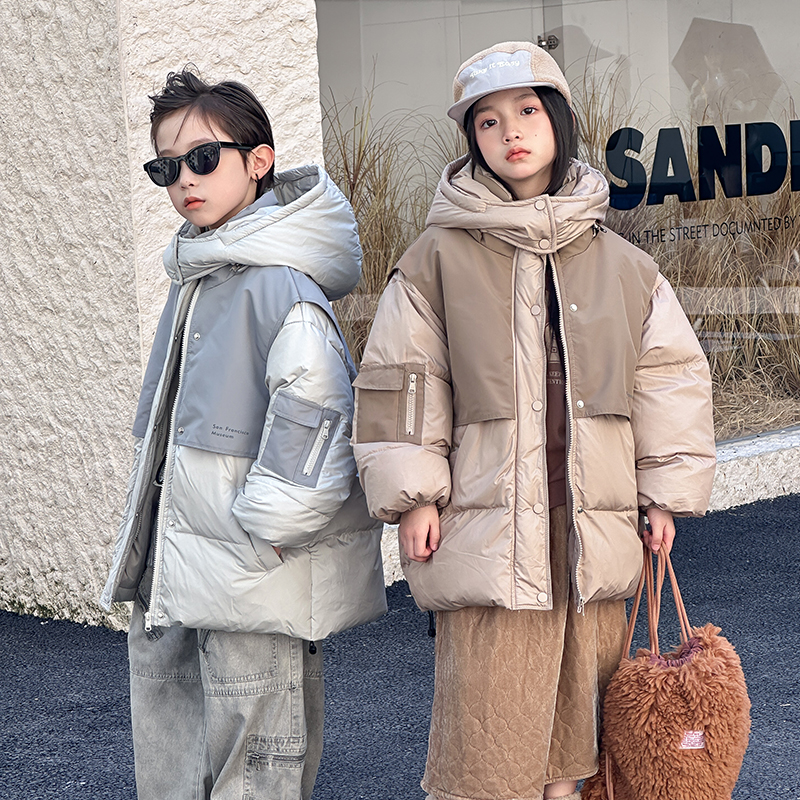 拼接连帽保暖羽绒服外套