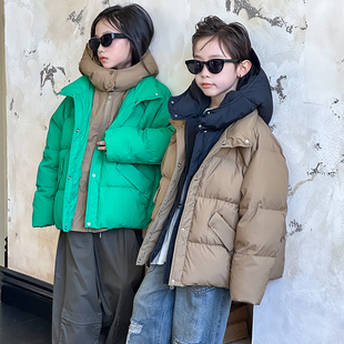 儿童假两件连帽保暖羽绒服2025新款洋气男童中大童冬季面包服外套