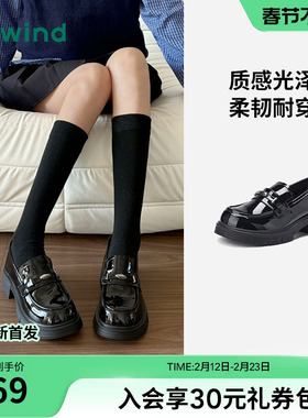 热风黑色小皮鞋女款2026年春季新款厚底增高乐福鞋通勤百搭女鞋子