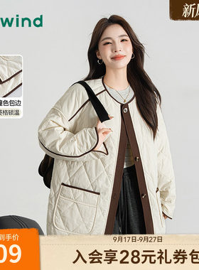 热风女士巴恩风夹棉拼色菱格棉服