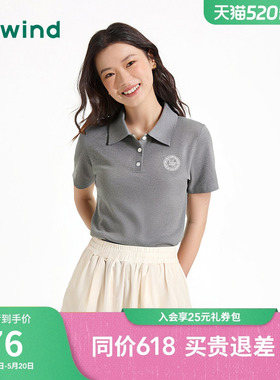 热风polo短袖T恤2025年夏季新款女士印花复古翻领T恤灰色正肩上衣