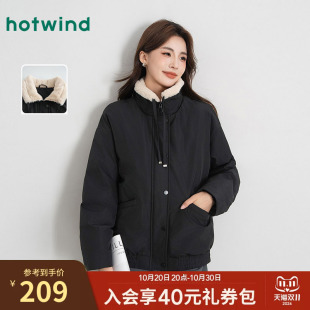 热风女士毛领派克服25秋冬夹棉宽松廓形保暖美式户外重工棉服外套
