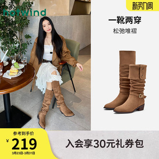 热风都市游牧风堆堆靴2025年冬季 西部牛仔靴长筒靴两穿骑士靴 新款