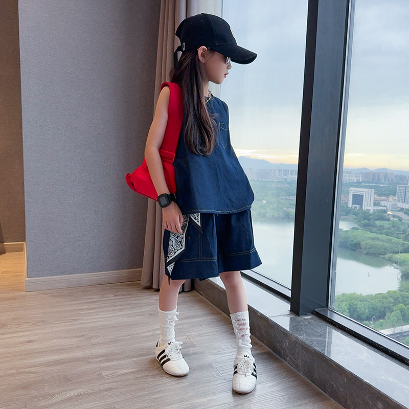 女童夏装套装2025夏季新款女大童韩版无袖短裤天丝牛仔洋气两件套