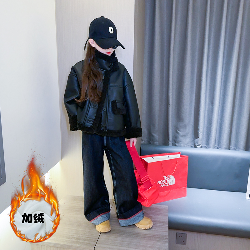 女童机车服皮衣外套加绒加厚冬装