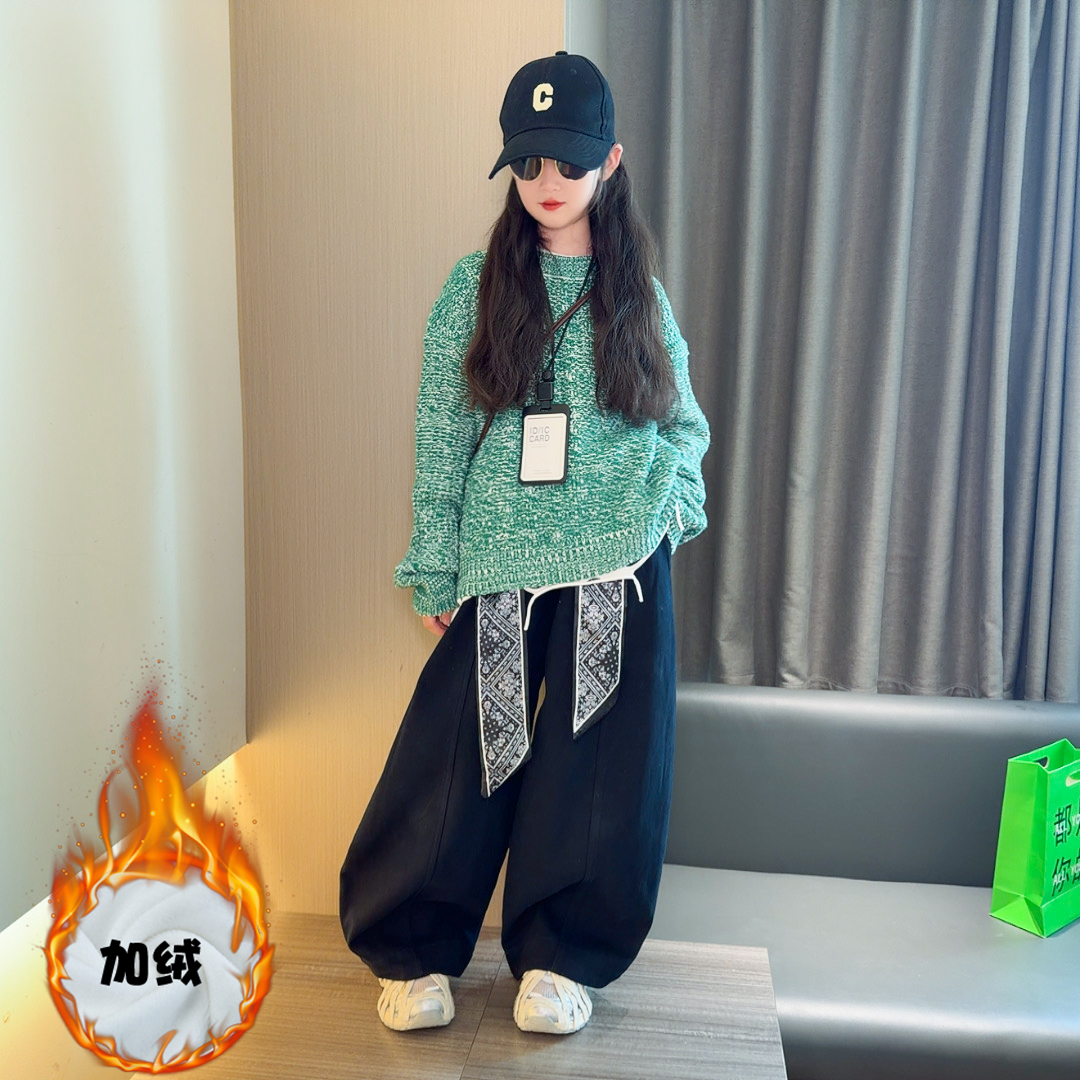 女童毛衣套装2025新款加绒弯刀裤