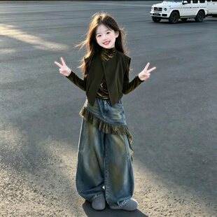 女童美式复古屁帘牛仔裤套装秋装儿童洋气马甲打底衫时髦两件套潮