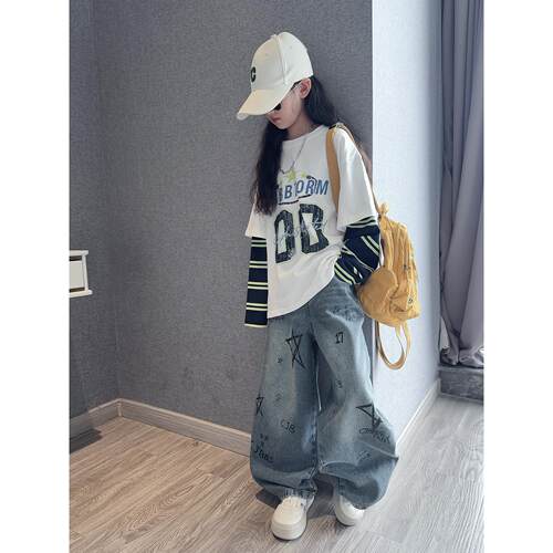 女童长袖假两件T牛仔弯刀裤套装