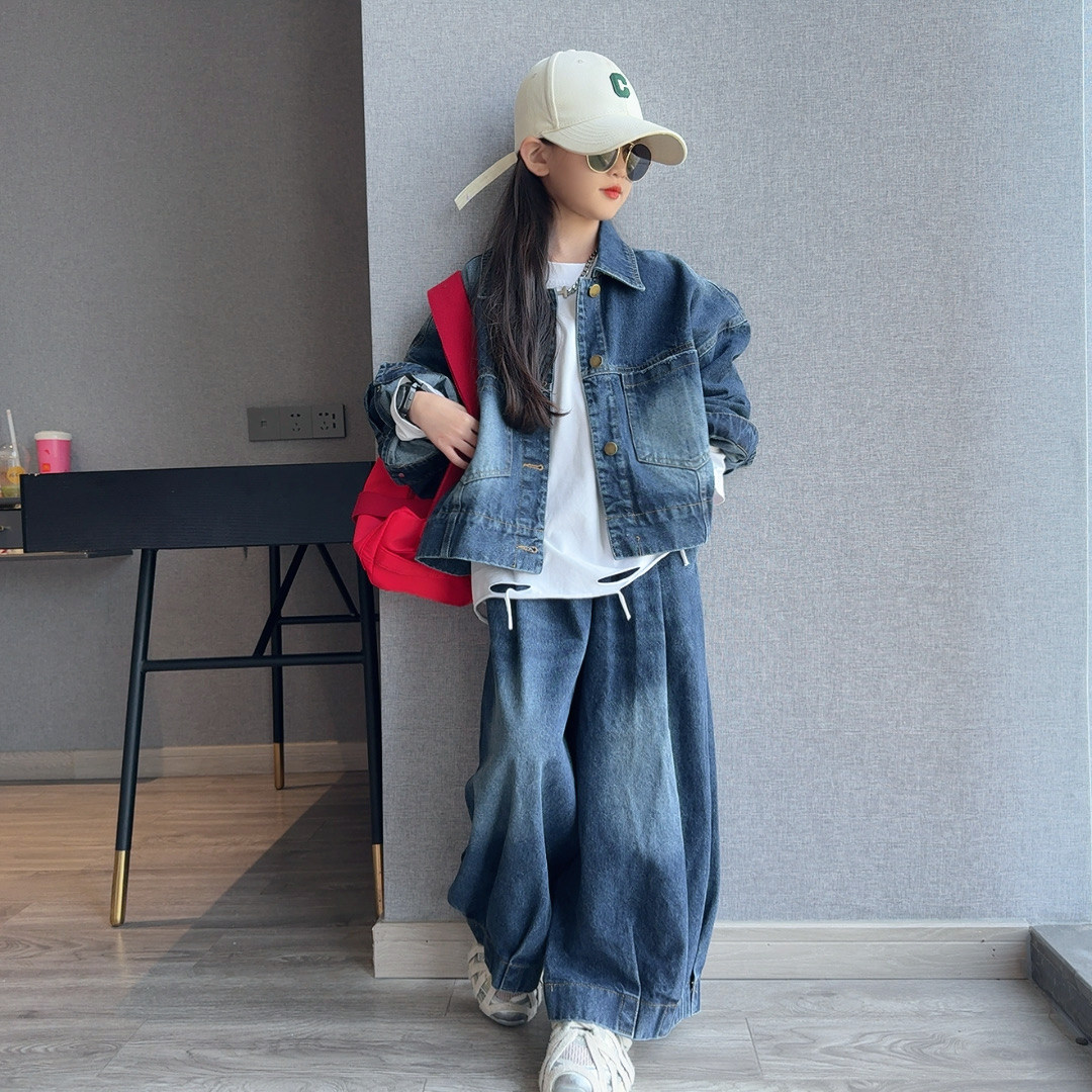 女童牛仔套装韩系复古短款外套2025秋季新款宽松阔腿裤港风两件套,童装/婴儿装/亲子装,套装,淘宝优惠券,粉丝福利购,淘宝优惠卷