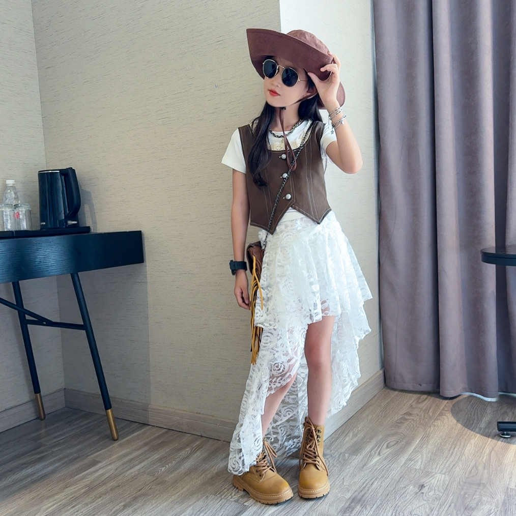 女童短袖马甲不规则蛋糕裙套装