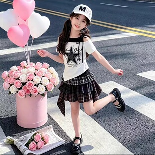 女童套装夏季2026新款儿童洋气露肩短袖T恤夏装女孩半身裙两件套