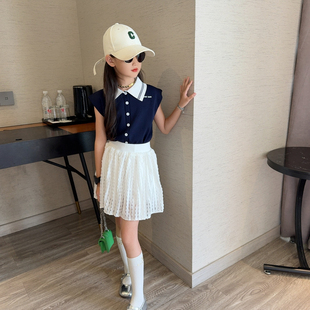 女童夏季 学院风撞色polo领无袖 冰丝针织衫 大童韩系坎肩白短裙套装