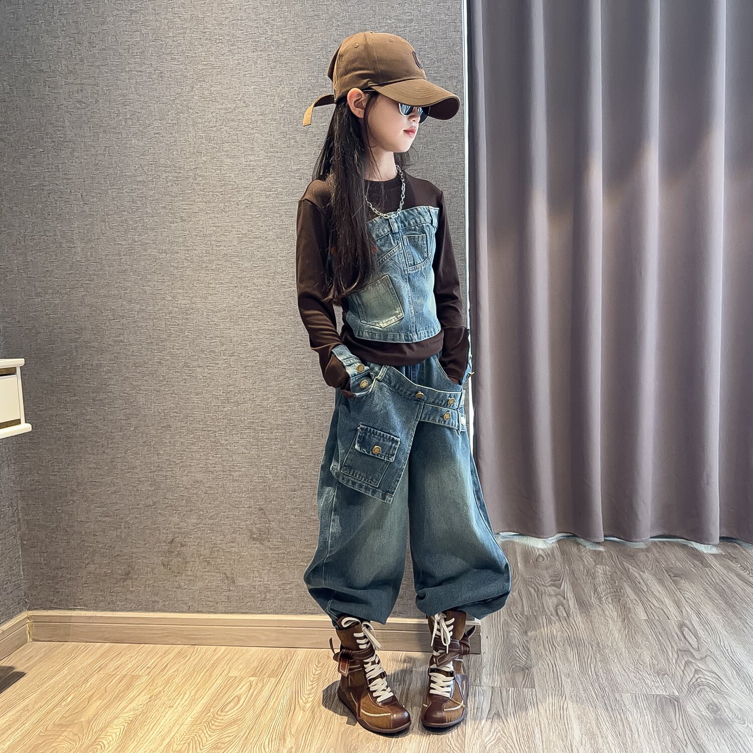 女童秋装洋气假两件牛仔两件套图片