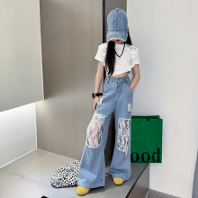 女童破洞牛仔裤夏季工装T恤2025新款儿童韩版宽松阔腿港风直筒裤