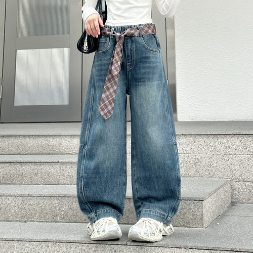 女童牛仔裤春秋款宽松弯刀裤