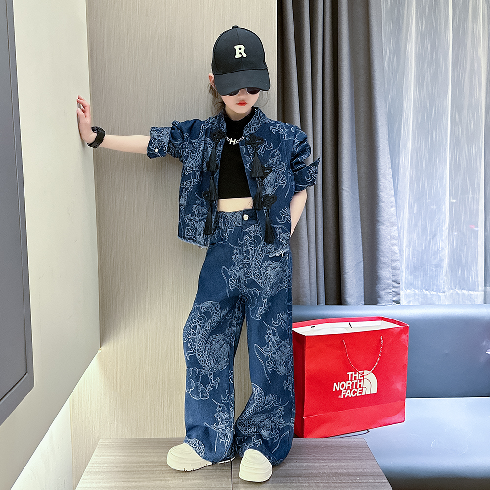 女童秋装牛仔套装国潮风两件套春