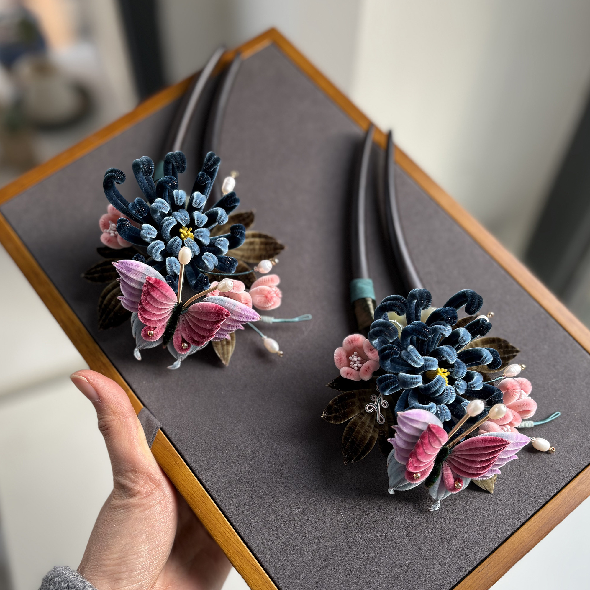 无澜手作非遗绒花细绒菊花蝴蝶【墨舞】