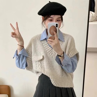 韩系V领针织马甲背心女秋冬季 毛衣坎肩上衣 2025新款 宽松百搭无袖
