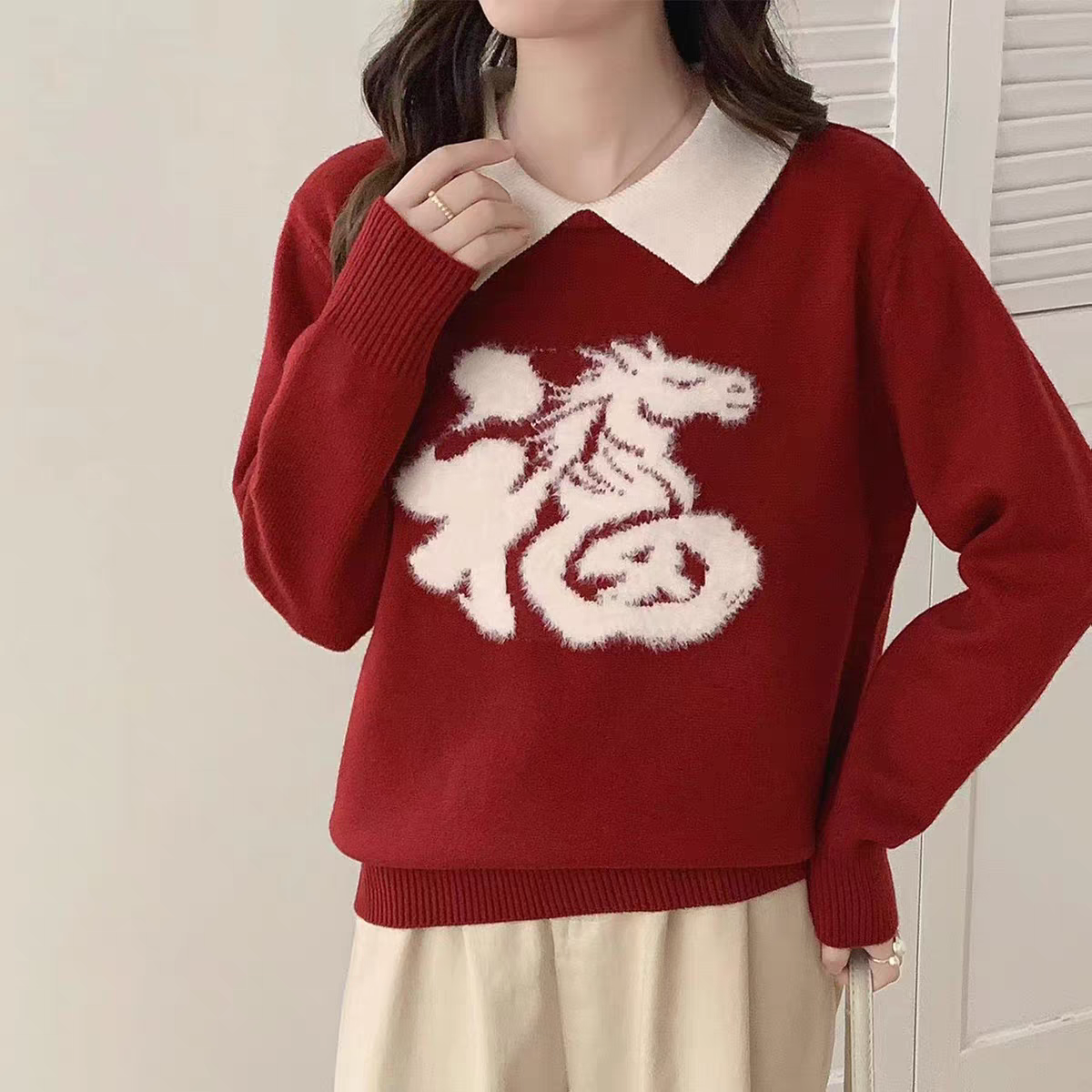 红色娃娃领毛衣女2025过年新款秋冬马年圣诞节宽松针织打底衫上衣