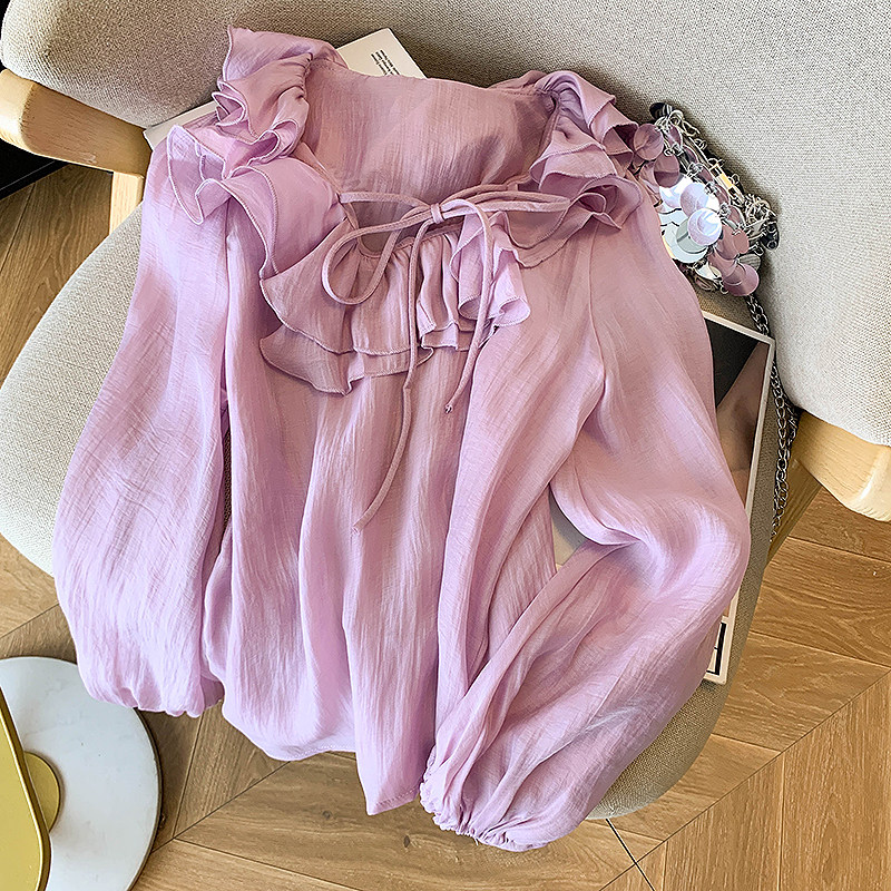 法式紫色荷叶边v领衬衫女春秋超仙系带雪纺衫遮肉显瘦灯笼袖上衣,女装/女士精品,蕾丝衫/雪纺衫,淘宝优惠券,粉丝福利购,淘宝优惠卷