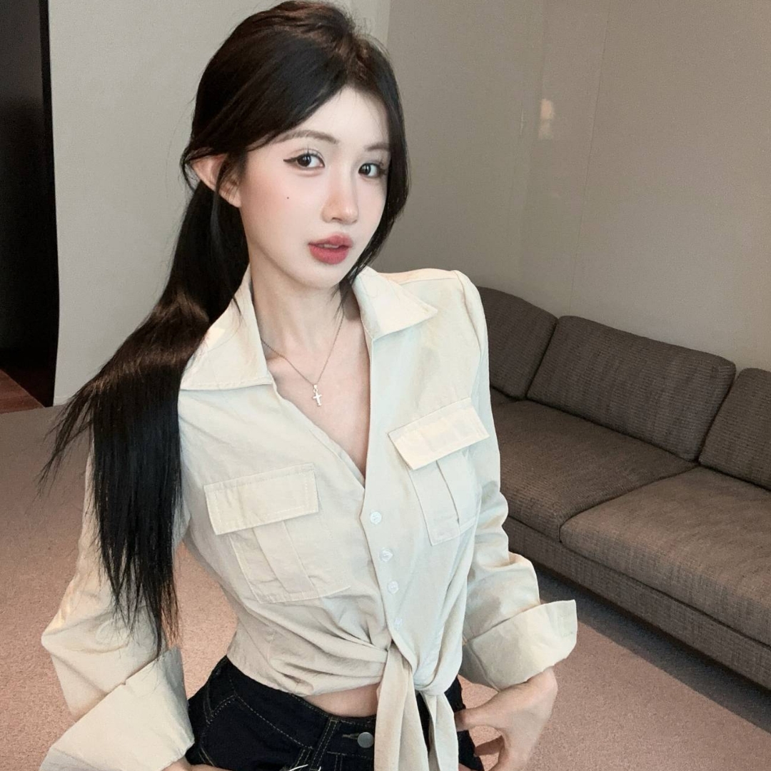 2025秋季新款纯欲辣妹重工设计感双口袋绑带衬衫女