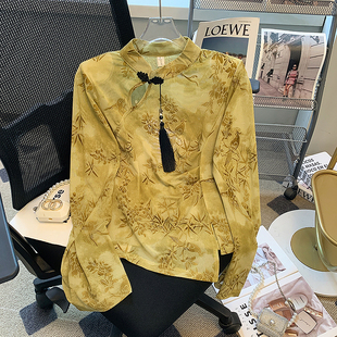 新中式国风盘扣印染丝绒衬衫女春秋别致开叉打底衫旗袍领小上衣