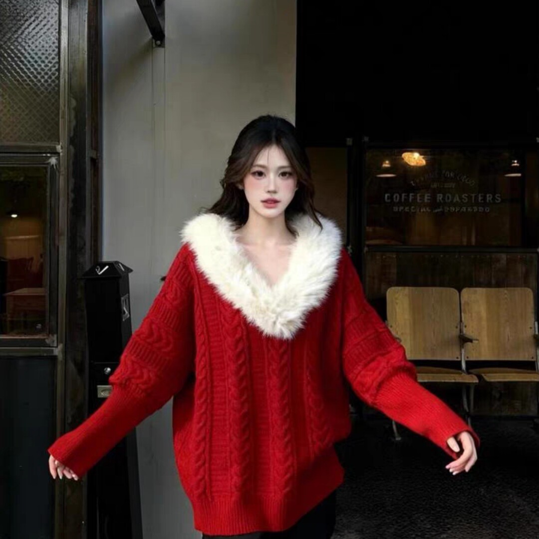 复古慵懒风蝙蝠袖V领毛领针织上衣女韩系氛围感宽松显瘦套头毛衣