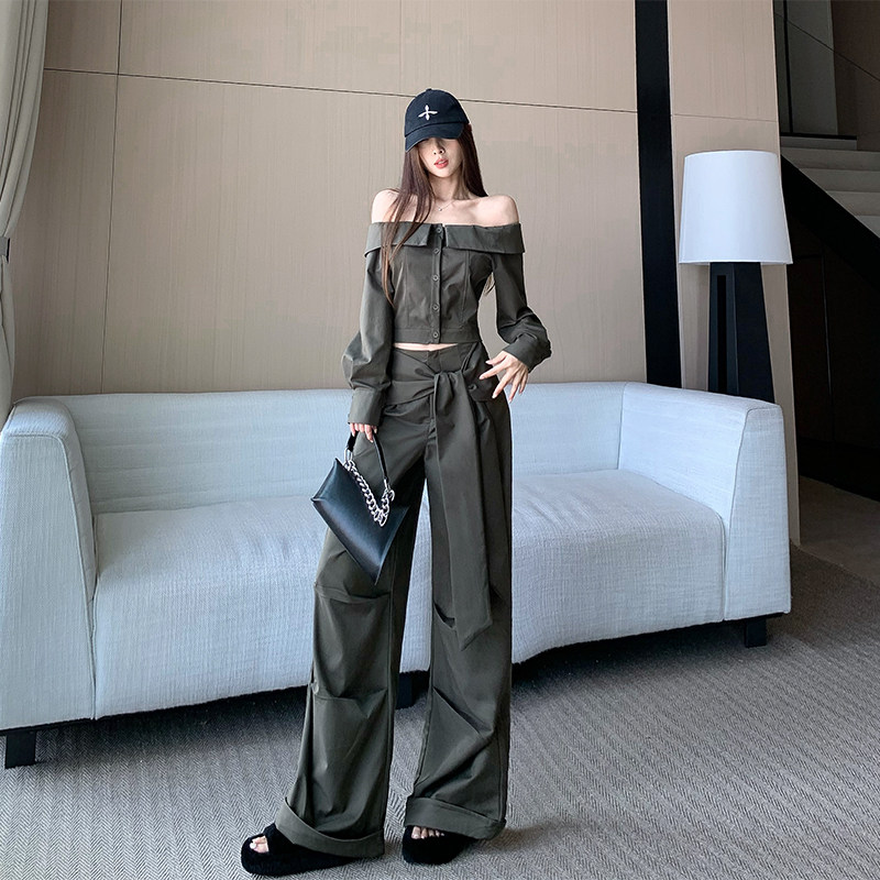 新款设计感复古辣妹套装 2025时尚一字肩上衣+绑带阔腿裤两件套