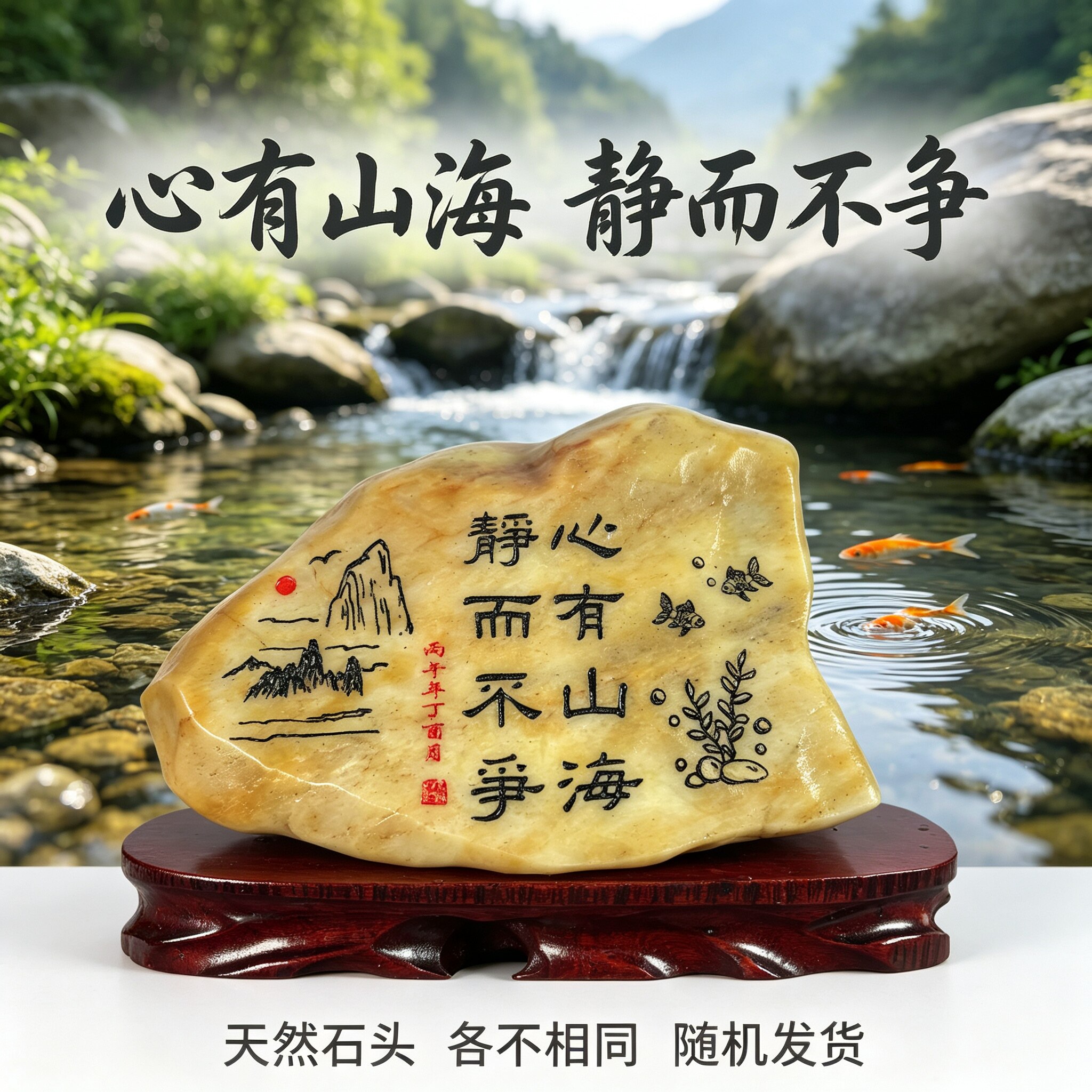 心有山海静而不争 真石刻字鱼缸装饰摆件