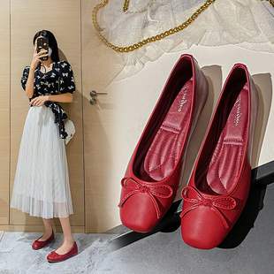 平底单鞋女2023春季新款浅口软底豆豆鞋女秋百搭蛋卷鞋女孕妇红色