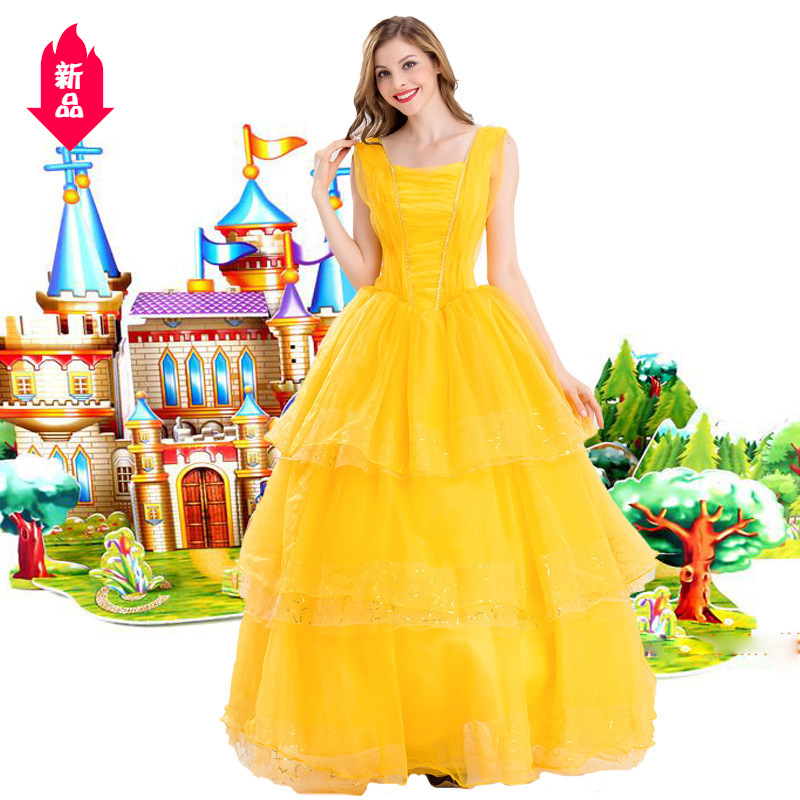 万圣节舞会服金黄色灰姑娘贝尔公主裙 DS演出服童话故事成人制服