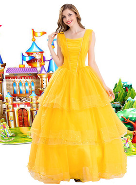 万圣节舞会服金黄色灰姑娘贝尔公主裙 DS演出服童话故事成人制服