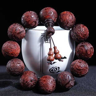 犀角紫檀雕刻龙凤呈祥20mm小叶紫檀手串文玩紫檀香木拟海南黄花梨