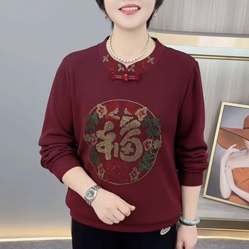 冬季加绒烫钻中国风妈妈打底衫