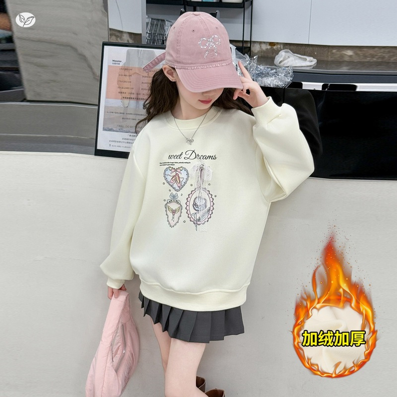女童加绒卫衣2025秋冬新款中大童卡通印花长袖T恤可爱打底衫春秋，童装卫衣/绒衫，祺儿童装