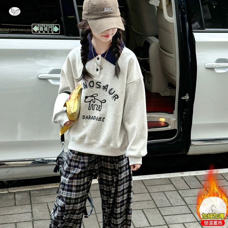 女童加绒加厚卫衣2025年秋冬新款中大童印花polo领上衣春秋打底，童装卫衣/绒衫，祺儿童装