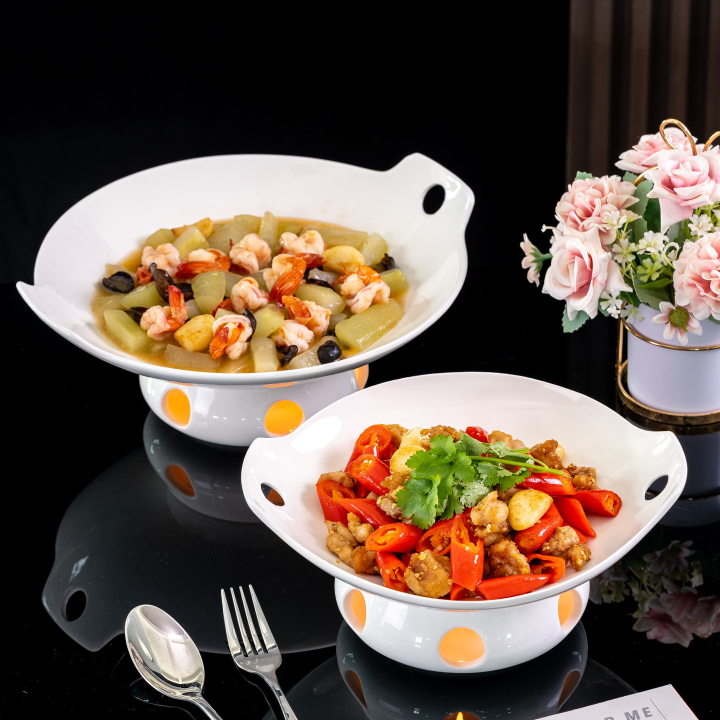 中式陶瓷明炉菜盘蜡烛保温加热菜盘双耳家用盘子酒店餐具商用明炉