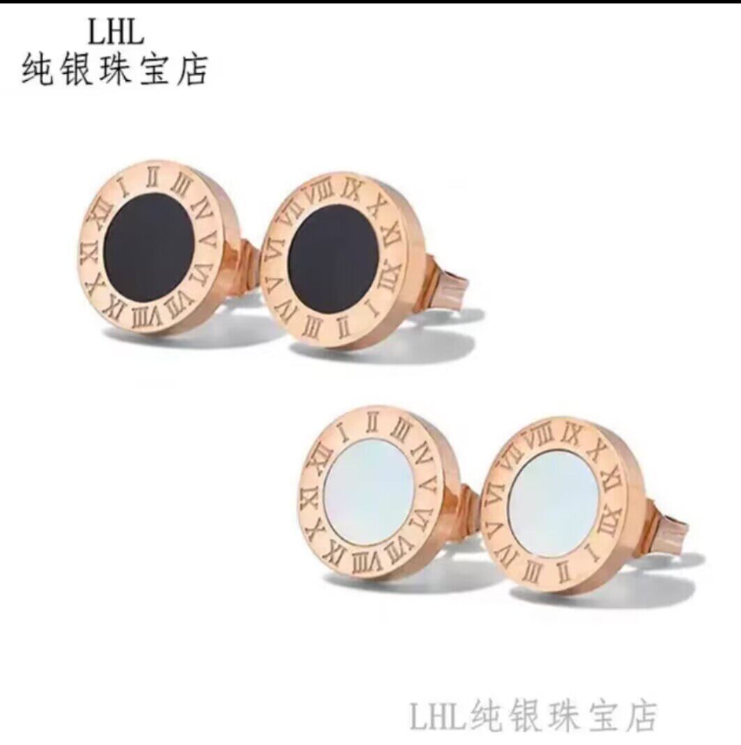罗马数字耳钉女纯银黑玛瑙白贝玫瑰金简约气质韩版耳环送礼物银饰