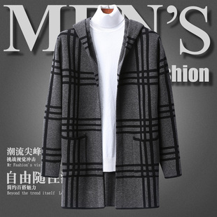 秋冬新款男士连帽开衫格子针织衫中长款风衣潮流时尚休闲毛衣外套