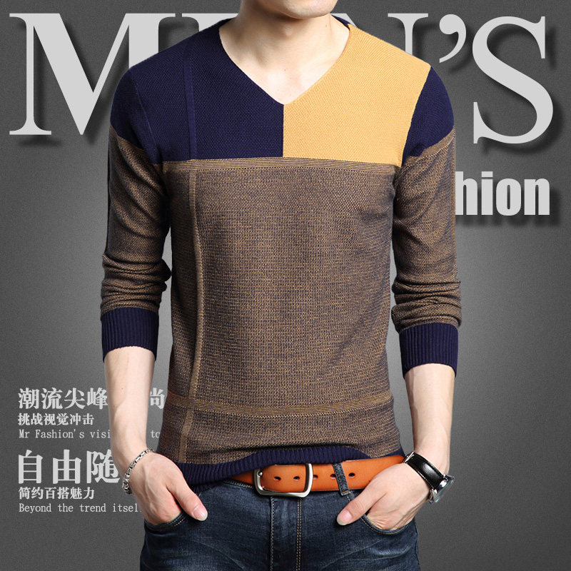 春秋新款针织衫宽松大码毛衣青年男装衣服上衣长袖t恤线衣打底衫