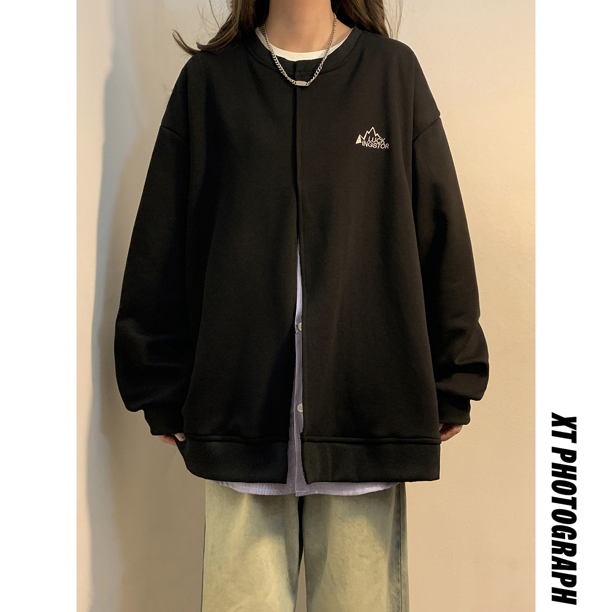2023女模高品质华棉360克刺绣假两件卫衣黑色W030-P55控88，男装卫衣，电商B237