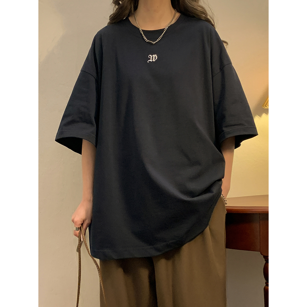 2023女模新款T恤纯棉双纱230克刺绣大板藏青色TX081-P25控39，男装T恤，电商B237
