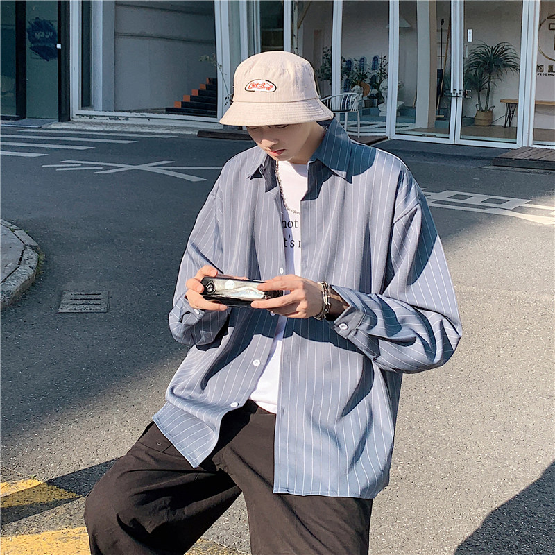 2023港风春季男韩版宽松条纹长袖衬衫潮灰色C40-P40控58元,男装衬衫,电商B237